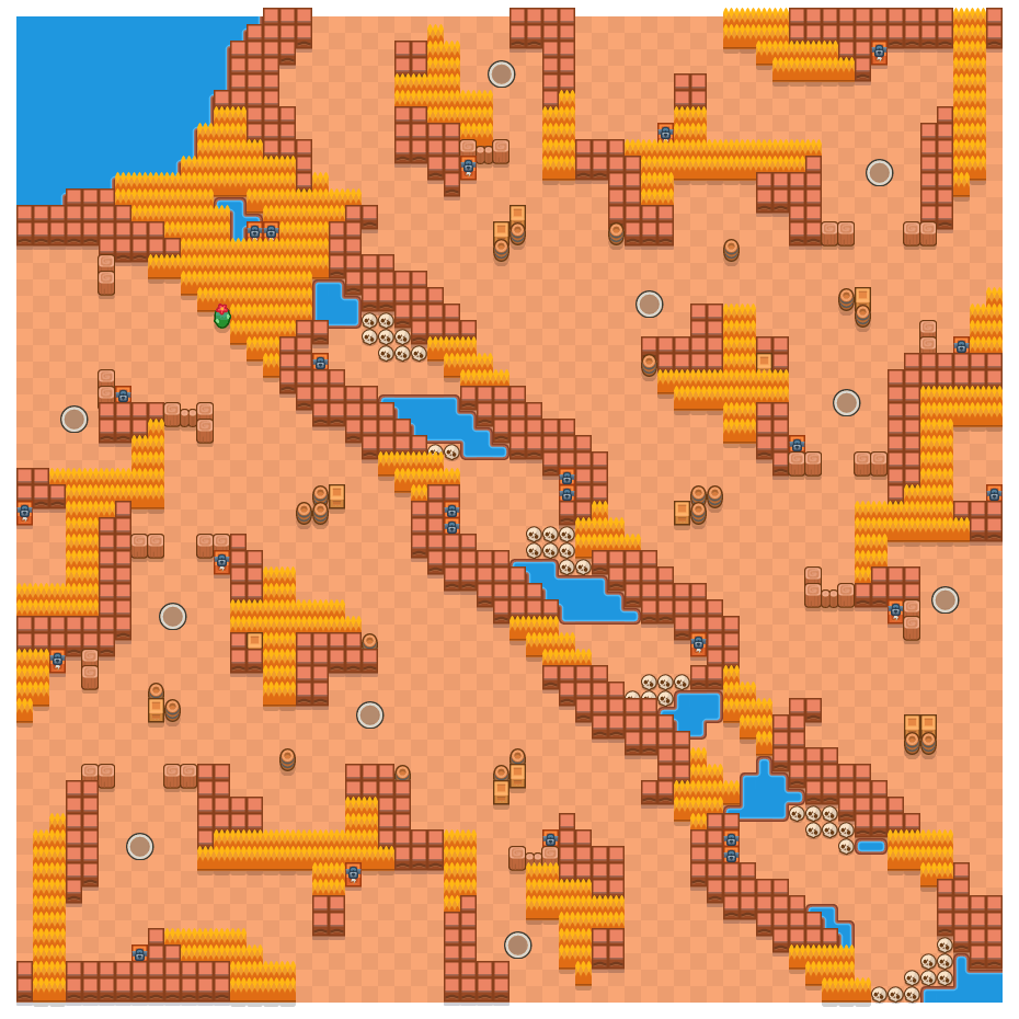 Dried Up River is a Solo Showdown Brawl Stars map. Check out Dried Up River's map picture for Solo Showdown and the best and recommended brawlers in Brawl Stars.